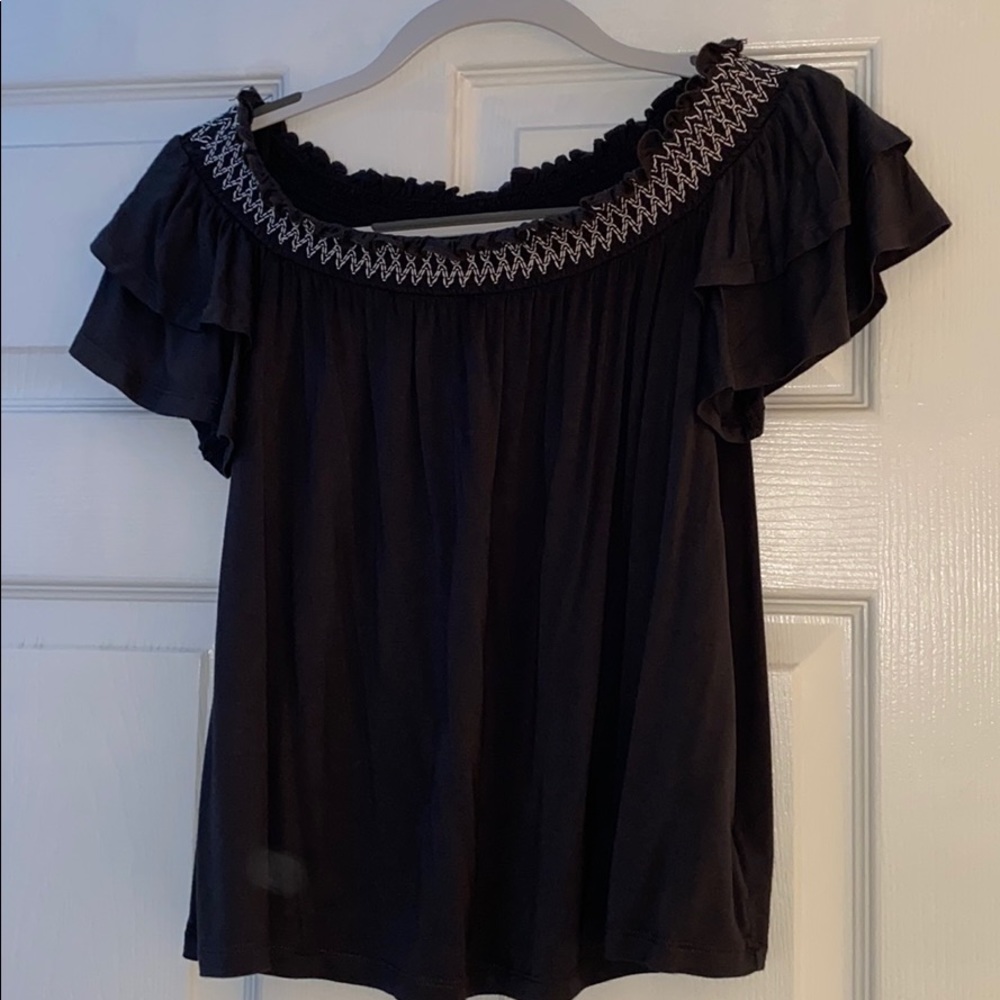 AE Charcoal Gray and White Off the Shoulder Top